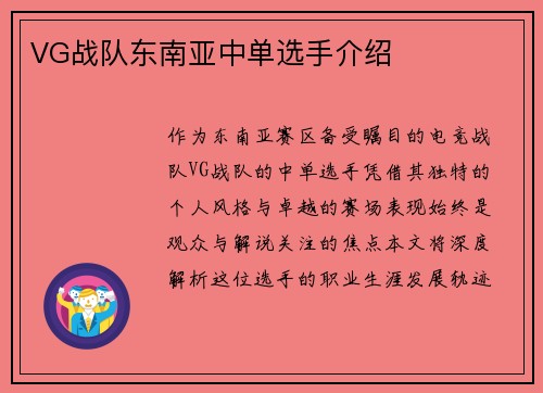 VG战队东南亚中单选手介绍