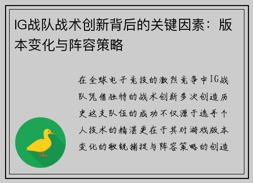 IG战队战术创新背后的关键因素：版本变化与阵容策略