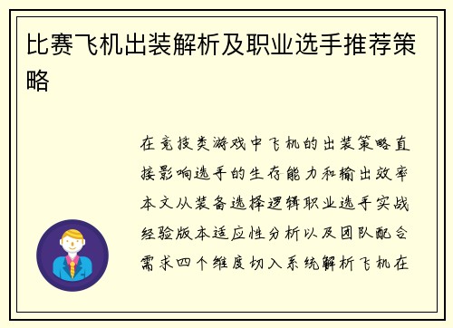 比赛飞机出装解析及职业选手推荐策略
